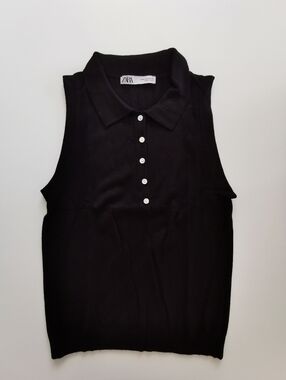 ZARA Black Sleeveless Polo Collar Quarter Button-Up Knit Tank Top